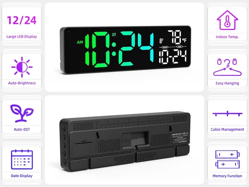 Vista 2 de Reloj de pared digital LED grande con fecha, temperatura, brillo automático, DST automático Gran reloj digital para dormitorio, escritorio, aula