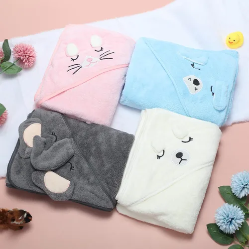 Vista 5 de Eccliy Paquete de 4 toallas de baño para bebé, cara de animal, forro polar coral, poncho para niño y niña (gatito, cachorro, oso, elefante)