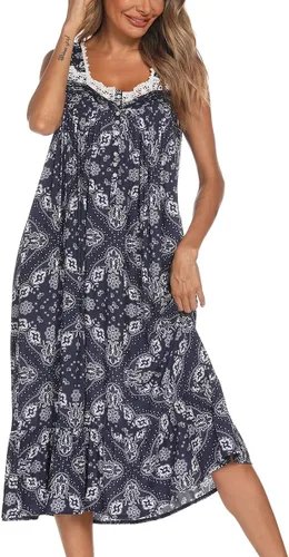 Vista 3 de AVIIER - Camisones de algodón para mujer, sin mangas, vestido largo con bolsillos para estar en casa, S-XXL