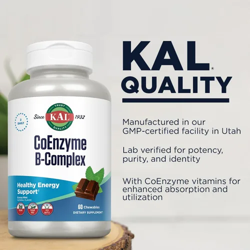 Vista 5 de KAL CoEnzyme Complejo de vitamina B, vitaminas B masticables para energía saludable, glóbulos rojos y soporte de la función nerviosa con vitamina