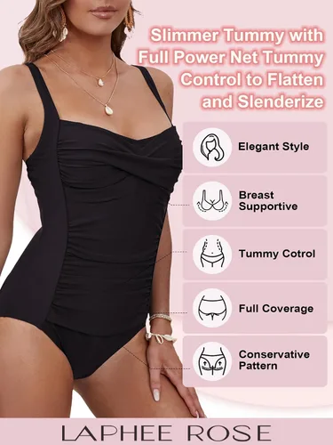 Vista 4 de Traje de baño de una pieza con control de abdomen para mujer, traje de baño retro fruncido