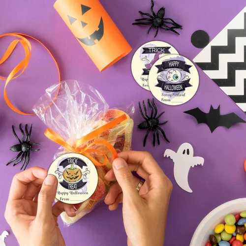 Vista 3 de 40 etiquetas redondas de Feliz Halloween, calcomanías redondas de truco o trato de 2 pulgadas para envoltura de Halloween, 4 estilos de calavera