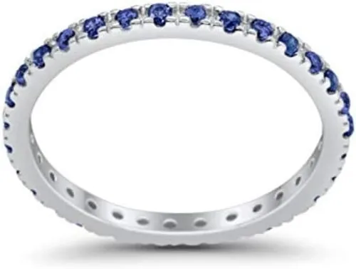 Vista 2 de Kaius Jewels - Anillo de plata de ley 925 con zafiro azul natural, banda de eternidad completa, plata de ley