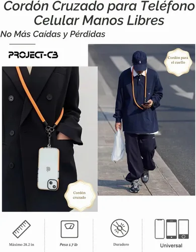 Vista 2 de Cordón para teléfono celular ×1, Pestaña de sujeción ×2, Correa de teléfono ajustable universal, Cruzada, Cordón para el cuello, Correa de cuerda