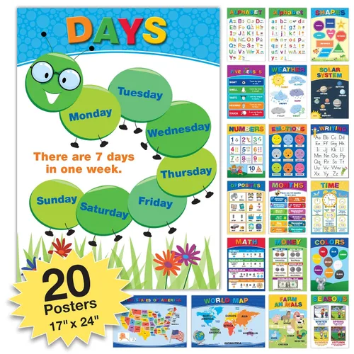 Vista 7 de 20 Carteles Educativos Grandes para Niños Pequeños (16.5x12 pulgadas Doble Cara Inglés/Español) Alfabeto Colores Letras Números Formas Meses Días
