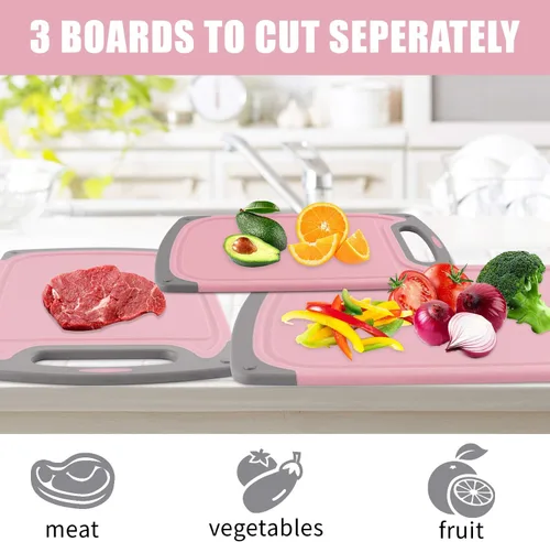 Vista 3 de Juego de 4 tablas de cortar de plástico para cocina, con patas antideslizantes y ranura profunda para jugo, mango de fácil agarre, aptas