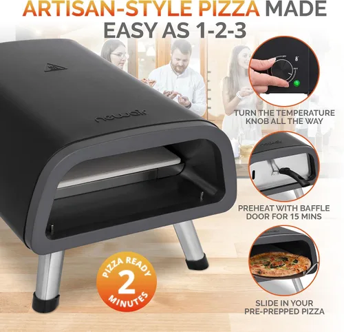 Vista 2 de Newair Horno eléctrico portátil de pizza de 12 pulgadas Máquina de pizza de encimera de 900 °F para uso en interiores y exteriores Elementos