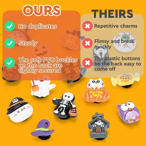 Vista 3 de Dijes de decoración de zapatos de Halloween para Crock, paquete de 32 dijes de resina para zapatos de zuecos y sandalias, pulseras, accesorios