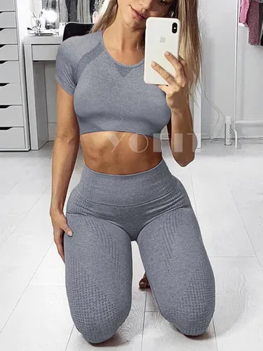 Vista 4 de YOFIT - Conjunto deportivo de 2 piezas leggings de yoga de cintura alta sin costuras y crop top con manga larga para mujer juego de ropa