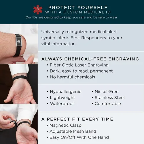 Vista 4 de Pulseras de alerta médica para hombres, cómoda banda de malla de acero inoxidable negra, placa de identificación grabada a medida de mantarraya