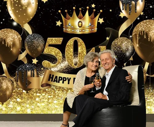 Vista 4 de Telón de fondo para fotografía de cumpleaños número 50 para mujeres y hombres, globo con purpurina negra y dorada, telón de fondo para fotos