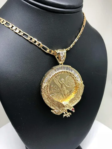 Vista 8 de Cadena chapada en oro Centenario Mexicano Moneda 50 Pesos Águila Colgante Cadena CZ Oro Cadena 26