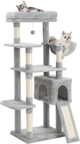 Vista 9 de Árbol para gatos de 54 pulgadas, torre alta para gatos con hamaca, condominio y almohadilla para rascar, casa para gatos con percha de felpa
