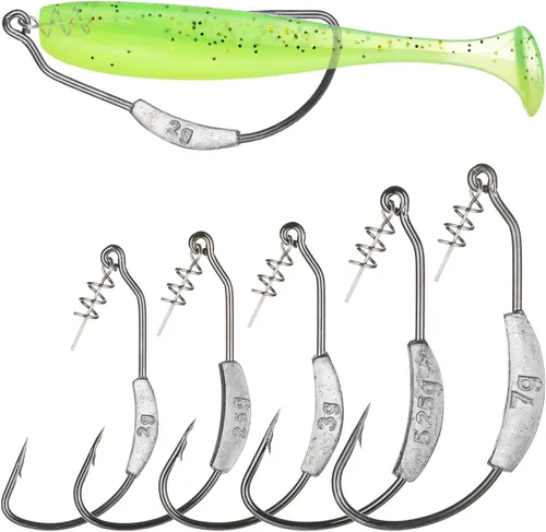 Vista 8 de Twistlock Fishing Hooks with Weight, 25pcs Worm Hooks with Centering Pin Spring Weighted Swimbait Hooks for Soft Plastic Lures Baits Bass Fishing