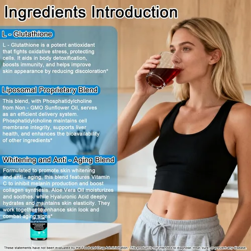 Vista 4 de Suplemento líquido de glutatión liposomal, forma activa L-glutatión con aceite de aloevera, vitamina C y ácido hialurónico para desintoxicación