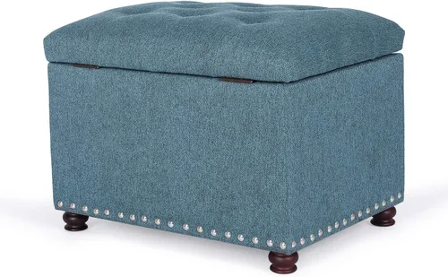 Vista 14 de Adeco Otomana Almacenadora Colorida con Almacenamiento, Otomana de 53 cm de Lino con Reposapiés y Tapa con Bisagra con Patrón de Hojas Azules
