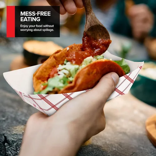 Vista 7 de Botes pequeños de papel para alimentos (paquete de 100) bandejas desechables de 1 libra a cuadros rojos y blancos, botes de comida ecológicos, botes