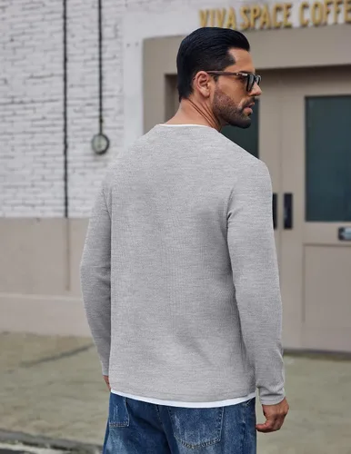 Vista 6 de COOFANDY Camisetas de manga larga para hombre, de algodón, con cuello redondo, con ribete de contraste Gris claro + ribete blanco