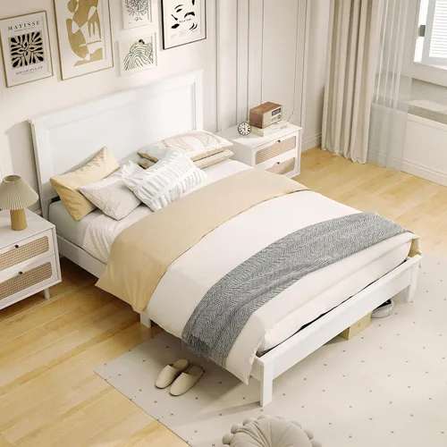 Vista 11 de KOMFOTT Armazón de Cama de Plataforma de Madera Tamaño Twin con Cabecero, Cama de Plataforma de Madera de Mediados del Siglo con Soporte de Listones