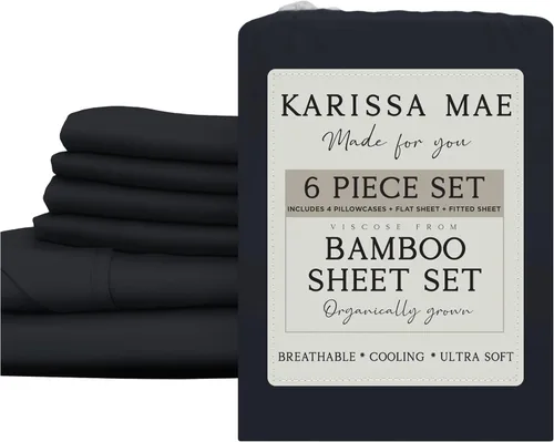 Vista 48 de KARISSA MAE Juego de sábanas de viscosa de bambú de lujo, 100% certificado FSC, refrescante, lujosamente suave, bolsillos profundos de 18 pulgadas