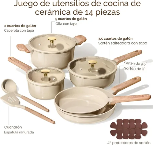 Vista 2 de CAROTE - Juego de 14 piezas de ollas y sartenes antiadherentes, juego de utensilios de cocina de cerámica, juego de cocina de cocina no tóxico