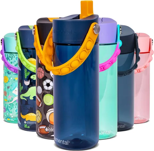 Vista 61 de Elemental Botellas de agua para niños – Botella de agua para niños Splash para la escuela con mango Pop-it – Botella de agua de plástico Tritan sin