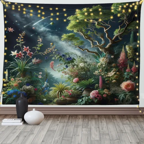 Vista 66 de Ambesonne Tapiz verde, fases lunares alrededor de un árbol de la vida, impresión de diseño bohemio de astrología nocturna, decoración de tela