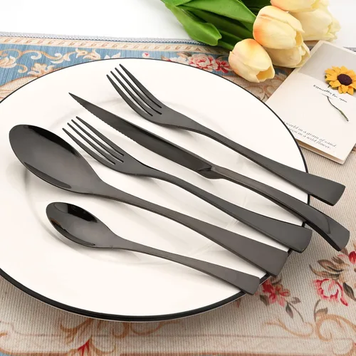 Vista 2 de Juego de cubiertos de acero inoxidable 304 de 20 piezas con cuchara de cuchillo para carne, color negro espejo, servicio para 4