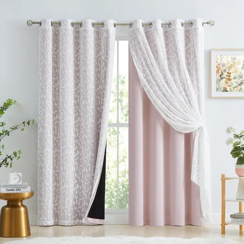 Vista 17 de Jubilantex Cortinas opacas completas + paneles de ventana transparentes con hojas, juego de tratamiento de ventana de doble capa estilo mezcla