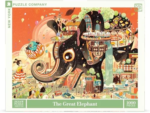 Vista 3 de New York Puzzle Company - Victo Ngai The Great Elephant - Rompecabezas de 1000 piezas para adultos por Victo Ngai