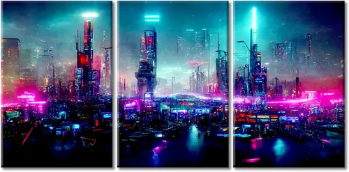 Vista 54 de Cuadros de 3 paneles de Cyberpunk City - Arte de pared de vallas publicitarias de edificios modernos en la capital con obras de arte modernas