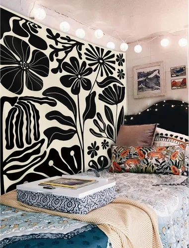 Vista 3 de Yookeb Tapiz negro de flores de Matisse de 59 pulgadas de ancho por 51 pulgadas de alto, para colgar en la pared, hojas abstractas, vintage, arte