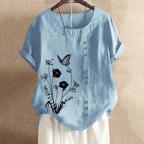 Vista 2 de Camiseta de lino de algodón para mujer, estilo casual, ajuste holgado, a la moda, estampado floral, manga corta, blusas con botones