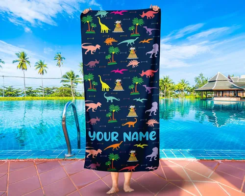Vista 8 de Generic Toalla de playa de dinosaurio, nombre personalizado, algodón de secado rápido, regalo divertido para niños