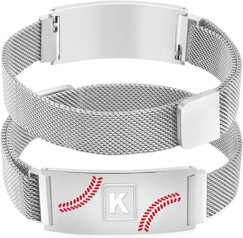 Vista 24 de Fervia Regalos de graduación de Pascua para hombres, pulsera con inicial de béisbol, color negro, plateado, dorado, acero inoxidable, pulseras