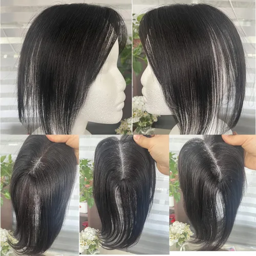 Vista 4 de Toppers de cabello humano real para mujer, con cabello delgado, con clip de flequillo (negro)