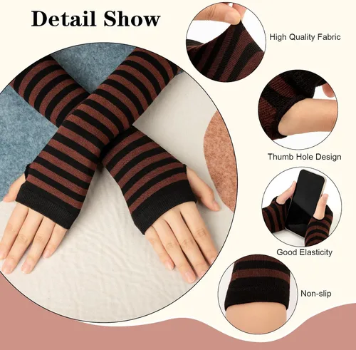 Vista 9 de Amandir Guantes largos sin dedos para mujer, calentadores de brazos, guantes elásticos de punto para el pulgar