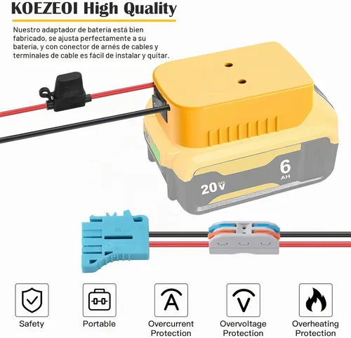 Vista 6 de Adaptador de ruedas eléctricas para Dewalt Adaptador de batería de 20 V, kit de convertidor de batería con fusible, interruptor y conector de arnés