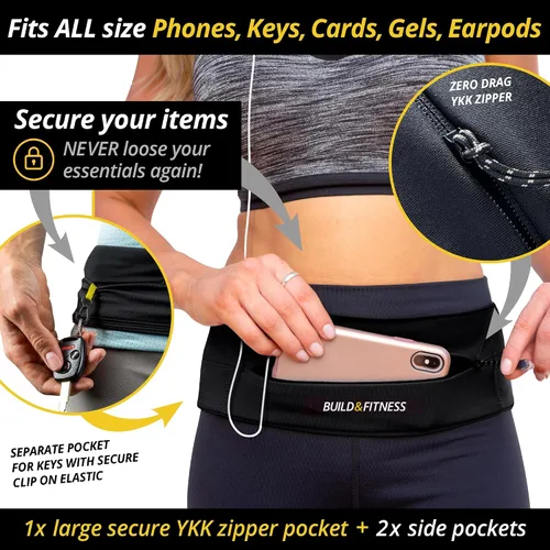 Vista 2 de BUILD & FITNESS Cinturón para correr con cremallera, cintura ajustable, delgado, ligero, cremallera YKK, clip seguro para llaves. Se adapta a todos