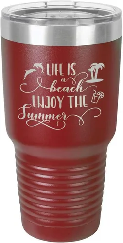 Vista 10 de La vida es una playa que disfruta el verano grabado de 30 oz vaso de acero con recubrimiento de polvo grabado láser taza de viaje de camello polar