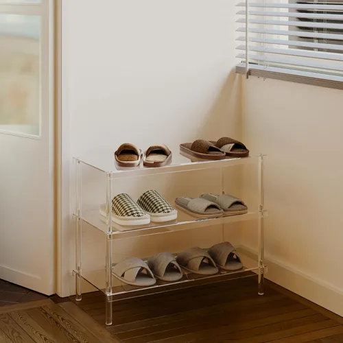 Vista 5 de Aquiver Zapatero acrílico de 3 niveles – Moderno estante de almacenamiento de zapatos independiente para entrada, armario, 25.6 pulgadas de largo x