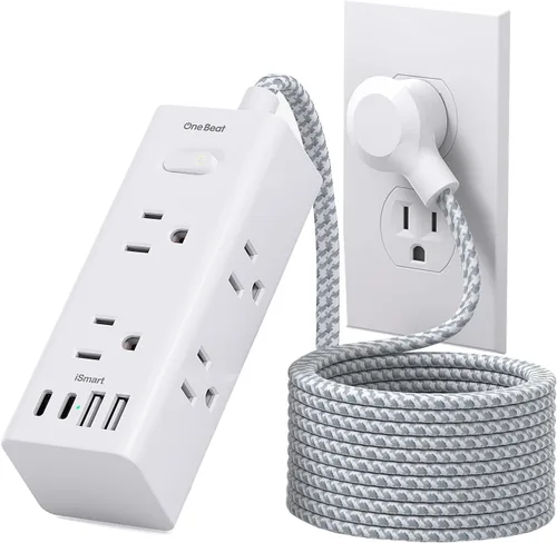 Vista 10 de One Beat Cable de extensión corto de 1 pie, regleta de alimentación de enchufe plano, protector de sobretensiones – 6 salidas amplias con 4 puertos