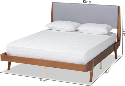 Vista 3 de Baxton Studio Senna Mid-Century - Cama de plataforma tapizada de tela gris moderna y acabado marrón nogal, tamaño King
