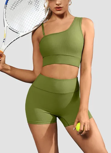 Vista 4 de Conjuntos de entrenamiento para mujer, trajes de 2 piezas, un hombro, sin costuras, brasier deportivo de cintura alta, pantalones cortos
