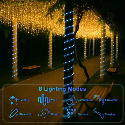 Vista 4 de ANJAYLIA Cuerda de luces solares de 33 pies con 100 luces LED para exteriores, impermeable, funciona con energía solar con 8 modos para exteriores