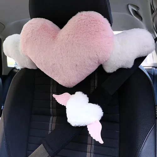 Vista 5 de Juego de funda para cinturón de seguridad y reposacabezas en forma de corazón con alas esponjosas