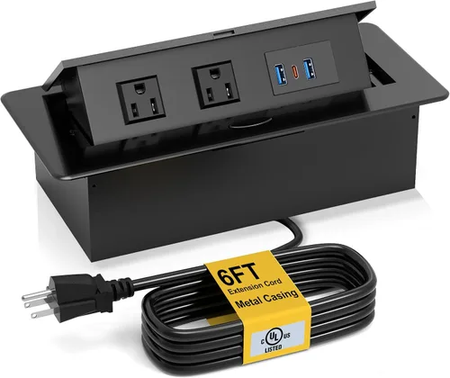 Vista 9 de Regleta de Alimentación Certificada UL, Kungfuking Caja de Toma de Corriente Emergente de Escritorio con Puertos de Carga USB Duales, Receptáculo
