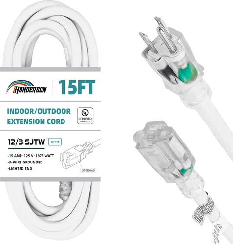 Vista 13 de Cable de extensión resistente a la intemperie con extremo iluminado, certificado UL, calibre 10, 3 pies, color blanco, 3 clavijas, resistente, cable