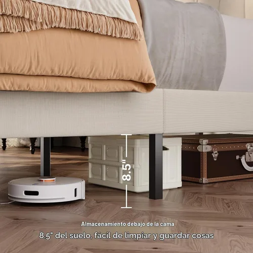 Vista 2 de Gizoon Base de cama Queen con cabecero, cama de plataforma tapizada con listones de madera resistentes, sin ruido, no necesita somier, fácil
