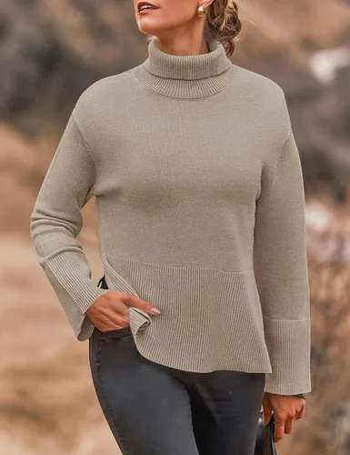 Vista 3 de ZESICA Women's 2024 Winter Sweaters Turtleneck Long Sleeve Oversized Split Hem Knitted Pullover Jumper Sweater Tops